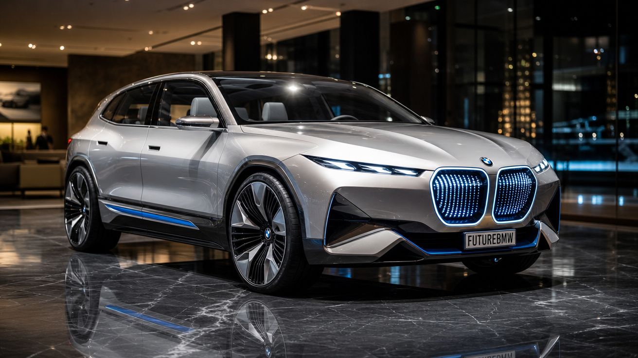 Carro elétrico BMW concept prateado num ambiente interior moderno com luzes LED no capô frontal.