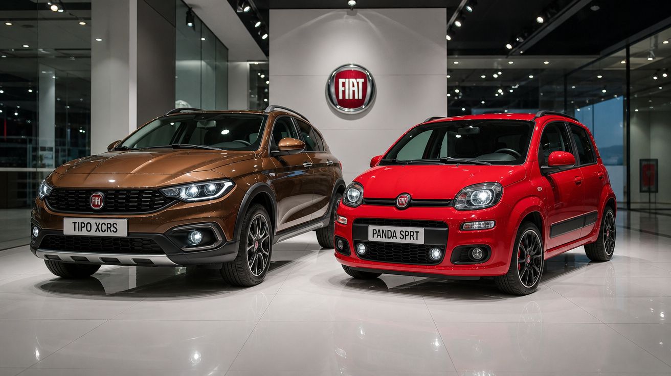 Dois carros Fiat novos, um Tipo XCRS castanho e um Panda SPRT vermelho, expostos em showroom moderno.