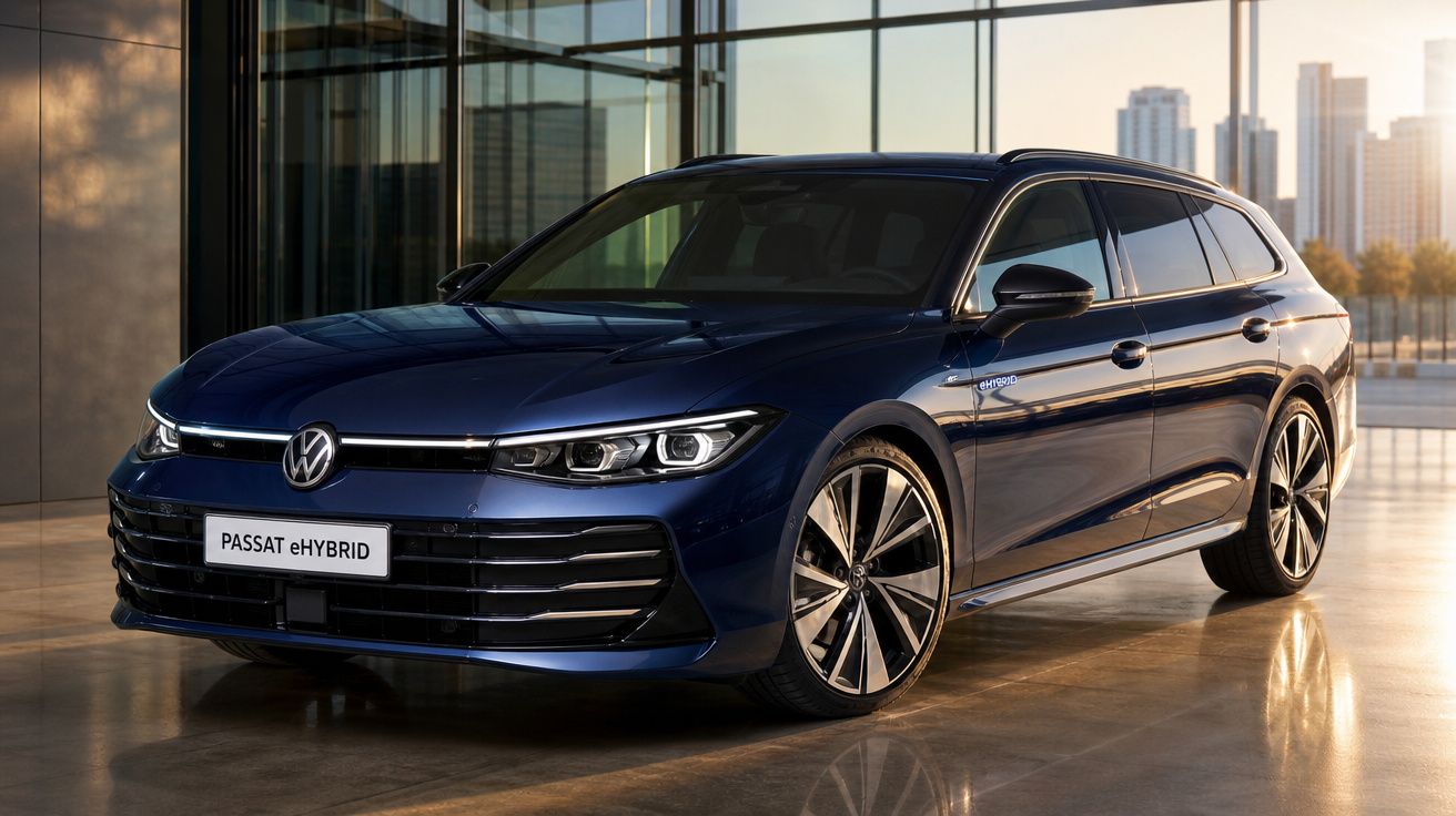 Carro Volkswagen Passat eHybrid azul estacionado em espaço com paredes de vidro e cidade ao fundo.