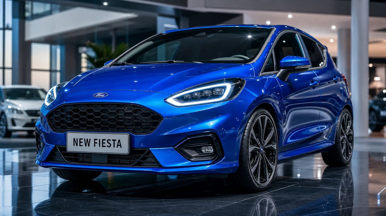 Ford New Fiesta azul exposição em salão automóvel moderno com luzes LED ligadas.