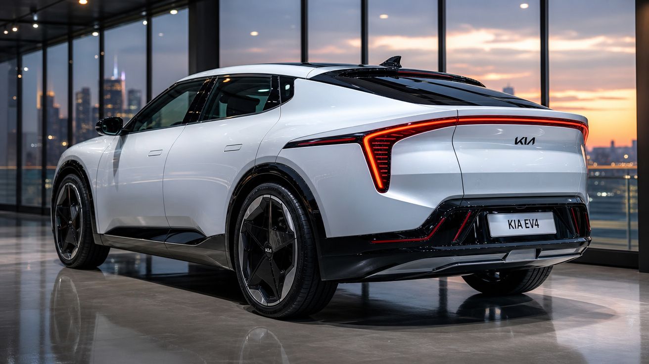 Automóvel elétrico branco Kia EV4 estacionado em espaço interior com grandes janelas e vista urbana ao pôr do sol.
