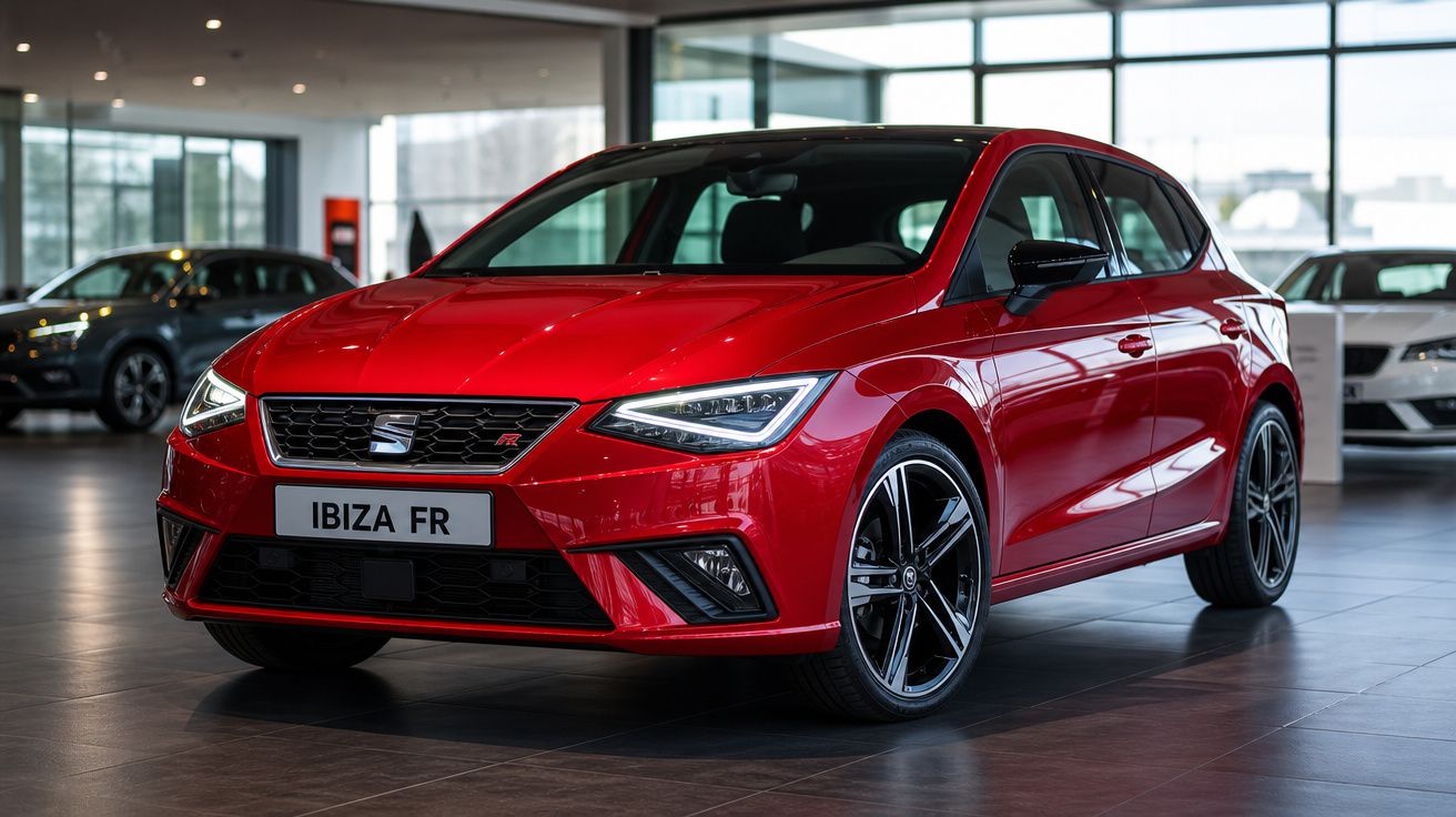 Carro Seat Ibiza FR vermelho parado num salão de exposições com chão cinzento e iluminação interior.