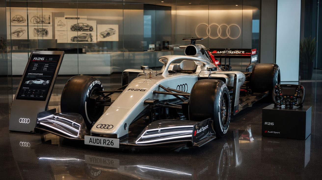Carro de Fórmula 1 Audi R26 prateado em exposição com volante e painel informativo num interior moderno.
