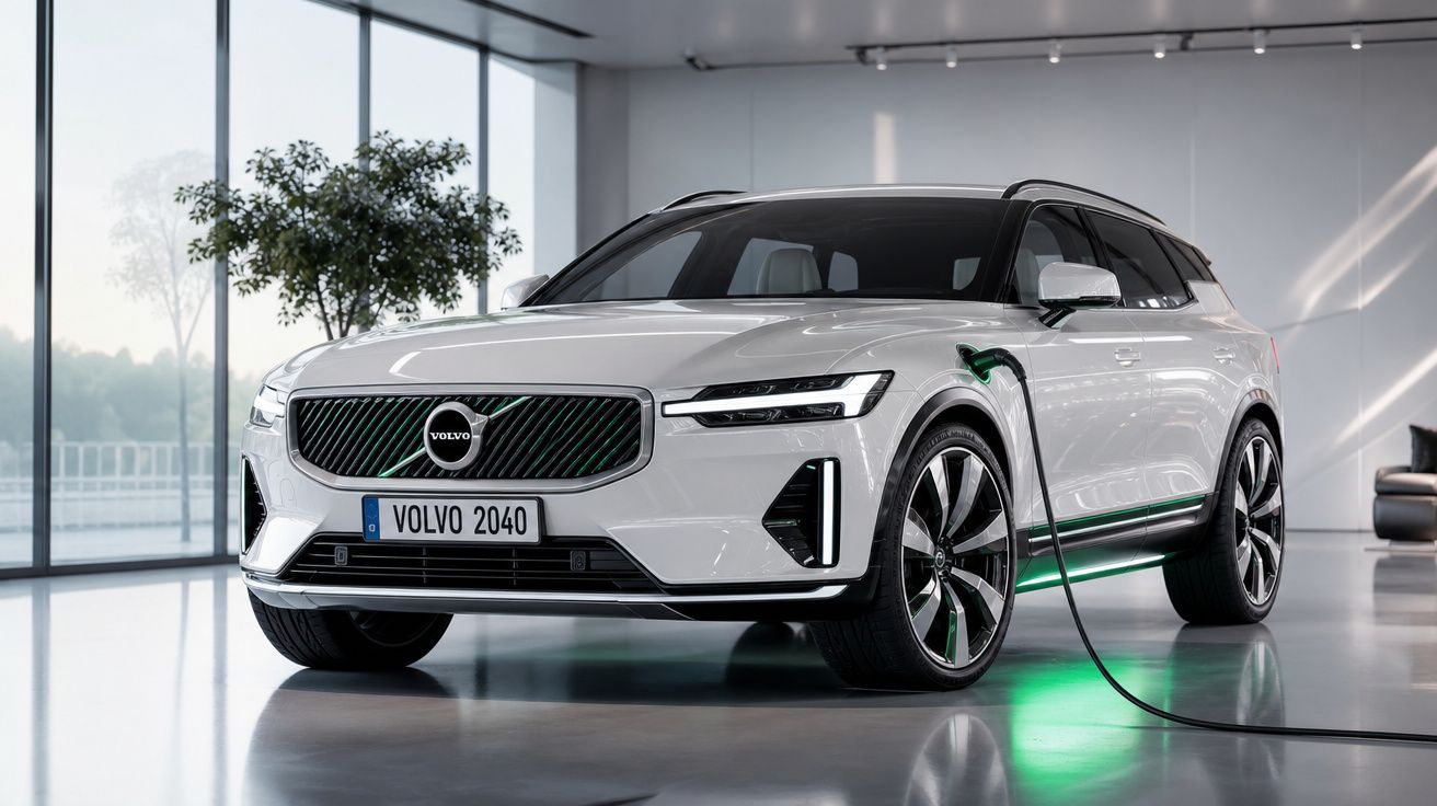 Carro elétrico Volvo branco a carregar numa estação de carregamento interior moderna e luminosa.