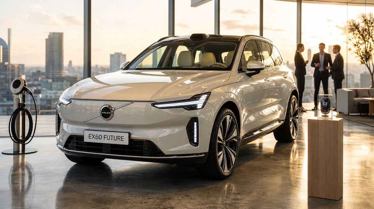 Carro elétrico Volvo EX60 Future branco estacionado em showroom moderno com três pessoas ao fundo.