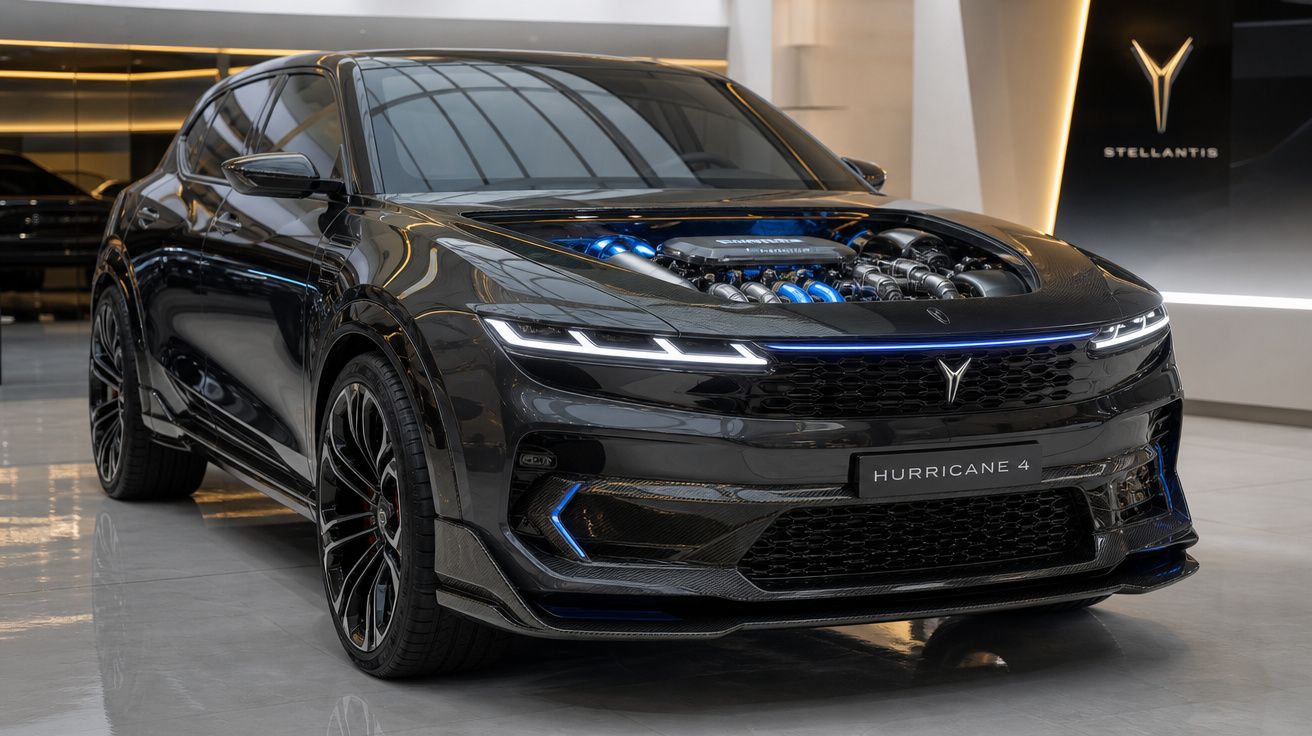Automóvel desportivo preto Stellantis Hurricane 4 com capot transparente a exibir o motor, em exposição interior.