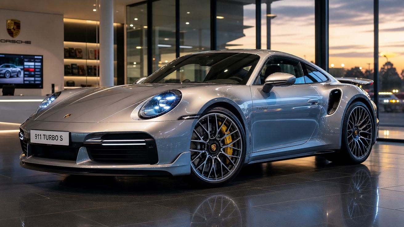 Porsche 911 Turbo S prateado em exposição dentro de concessionária com luz suave ao entardecer.