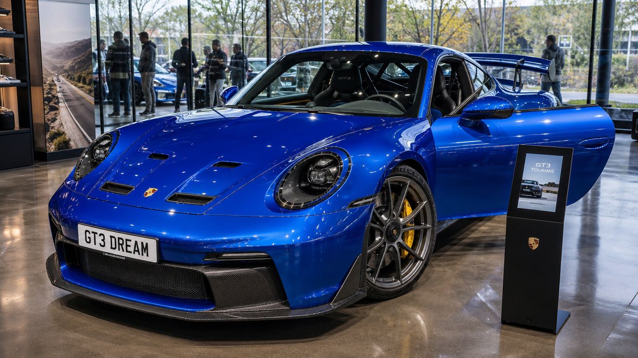 Carro desportivo azul Porsche GT3 Dream em exposição dentro de showroom com porta dianteira aberta.