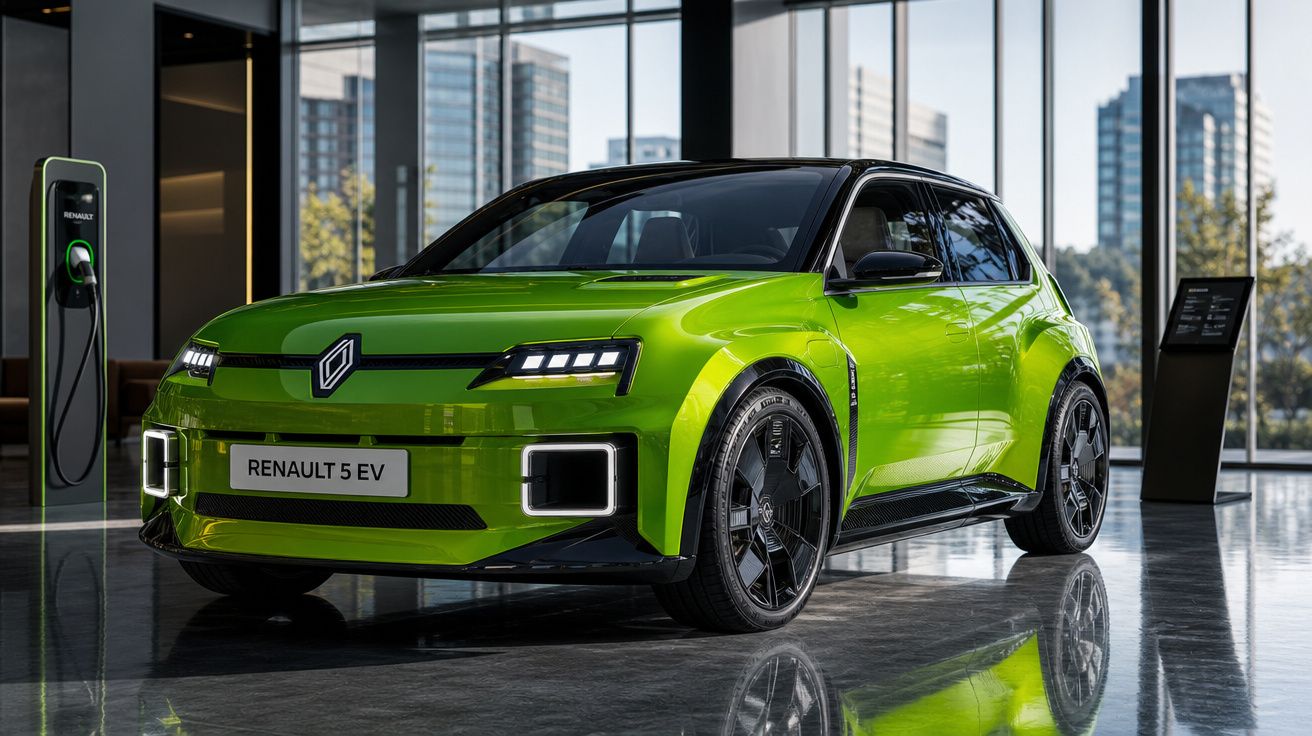 Renault 5 EV verde eletrico exposto num espaço moderno com carregador de parede à esquerda.