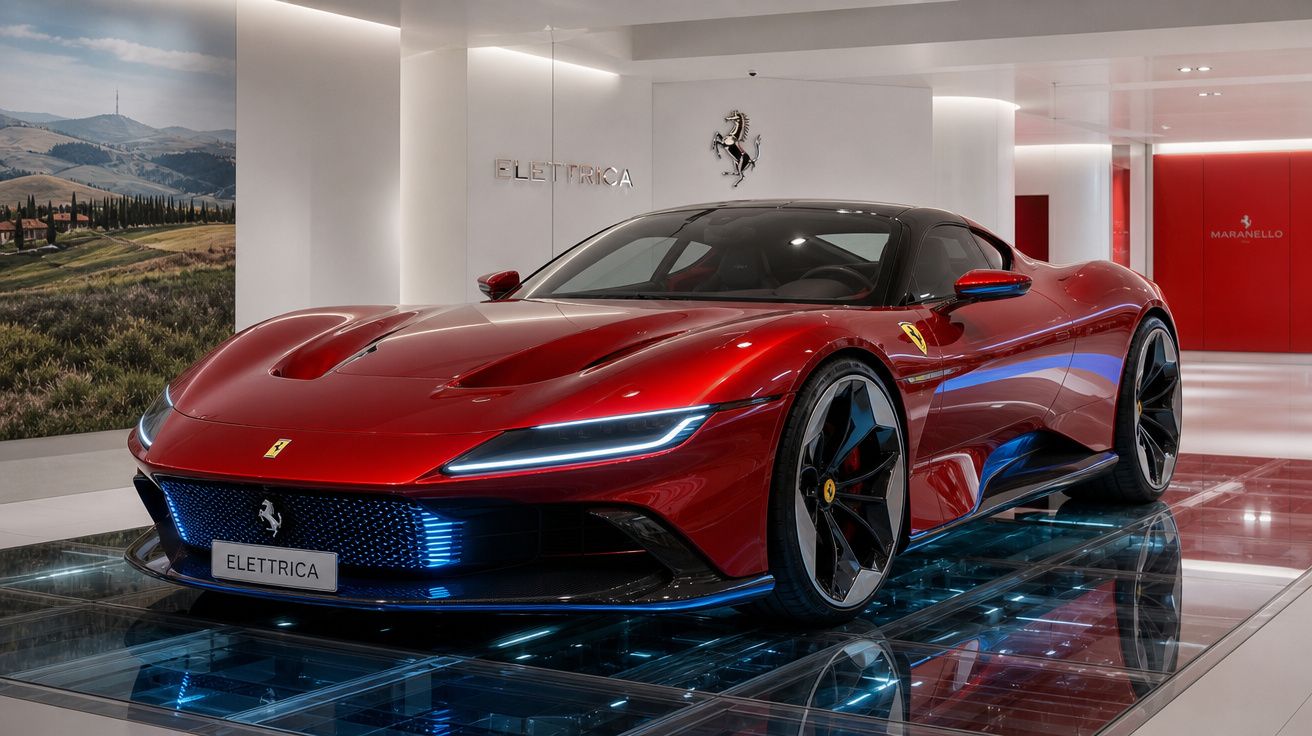 Carro desportivo Ferrari vermelho elétrico Elettrica exposto num salão moderno e iluminado.