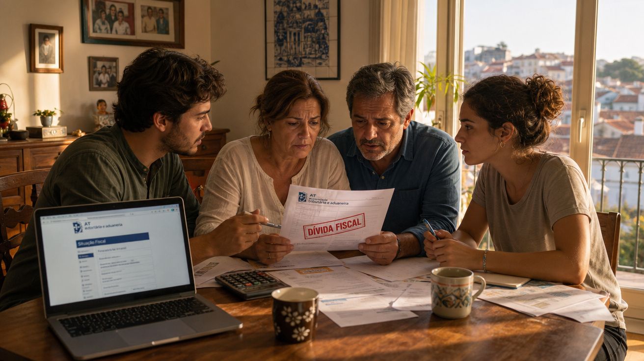 Família reunida à volta de uma mesa a analisar documentos financeiros com destaque para uma carta de dívida fiscal.