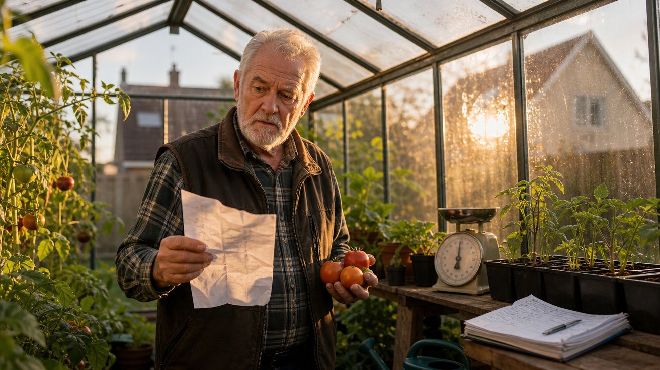 Homem idoso a segurar tomates e a ler uma lista dentro de uma estufa com plantas ao pôr do sol.