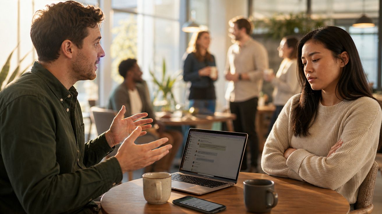 Dois colegas conversam com expressão séria numa mesa de café, com outras pessoas ao fundo.