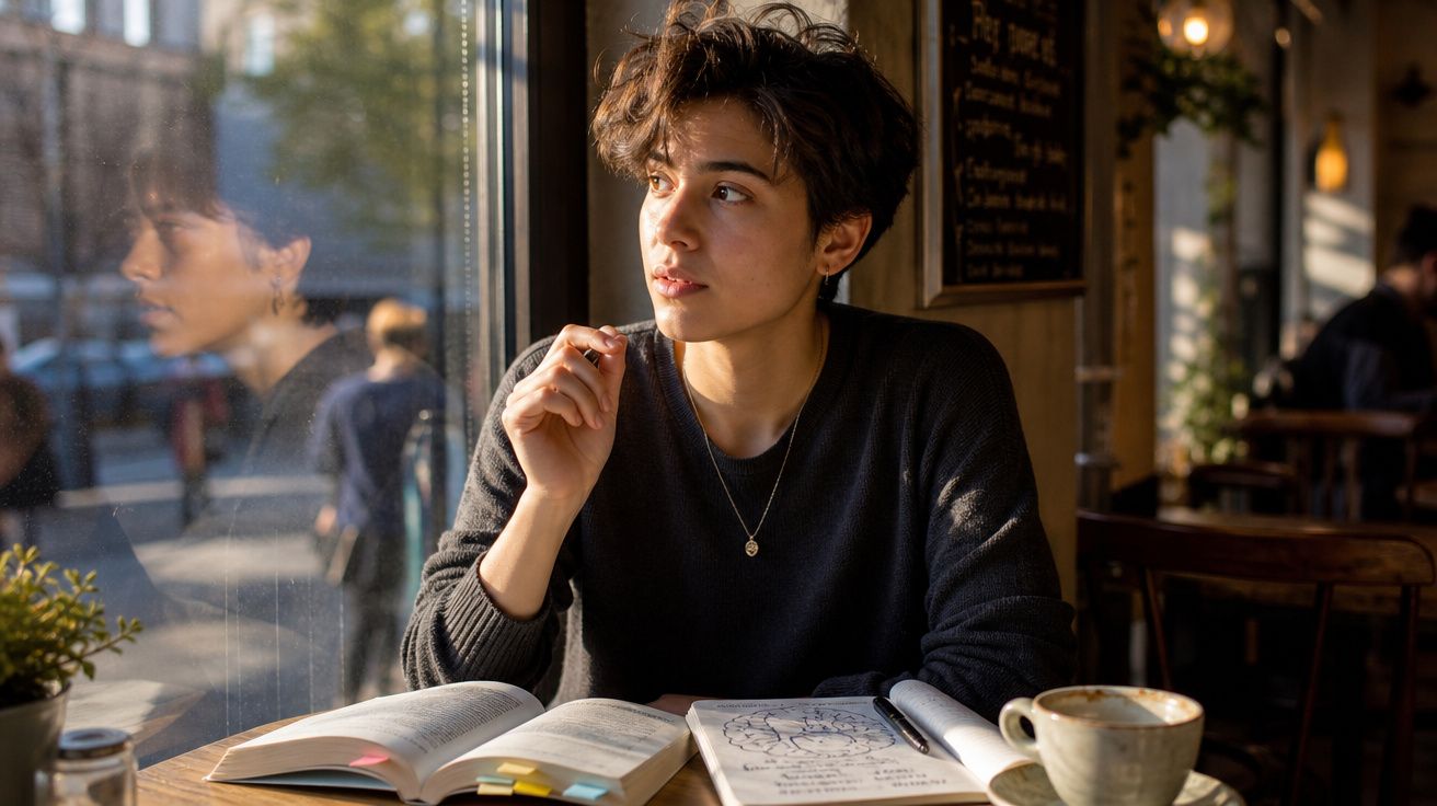 Pessoa jovem a olhar pela janela num café, com livros e uma chávena de café à frente.