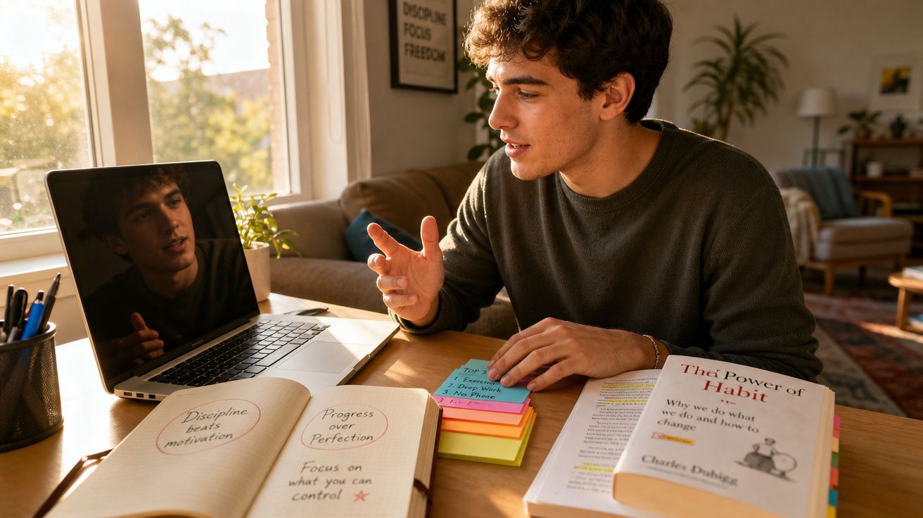 Homem jovem sentado à secretária a estudar com computador portátil, livros e notas autocolantes coloridas.