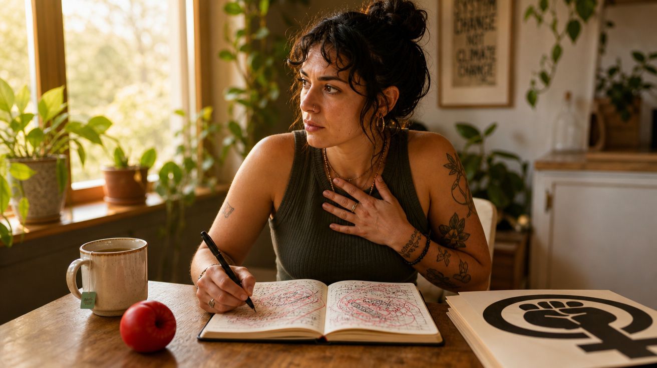 Mulher sentada à mesa a escrever num caderno, rodeada de plantas e com chá e tomate à sua frente.