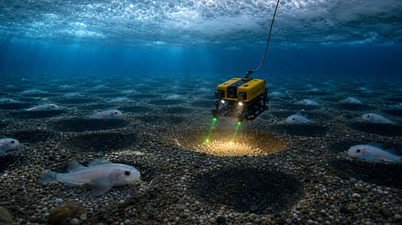Veículo submarino remoto com luzes verdes a examinar o fundo do mar rodeado por peixes brancos.