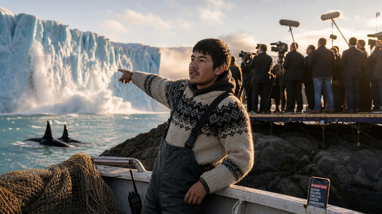 Homem num barco aponta para glaciares em derrocada com orcas na água, enquanto equipa de filmagem regista a cena.