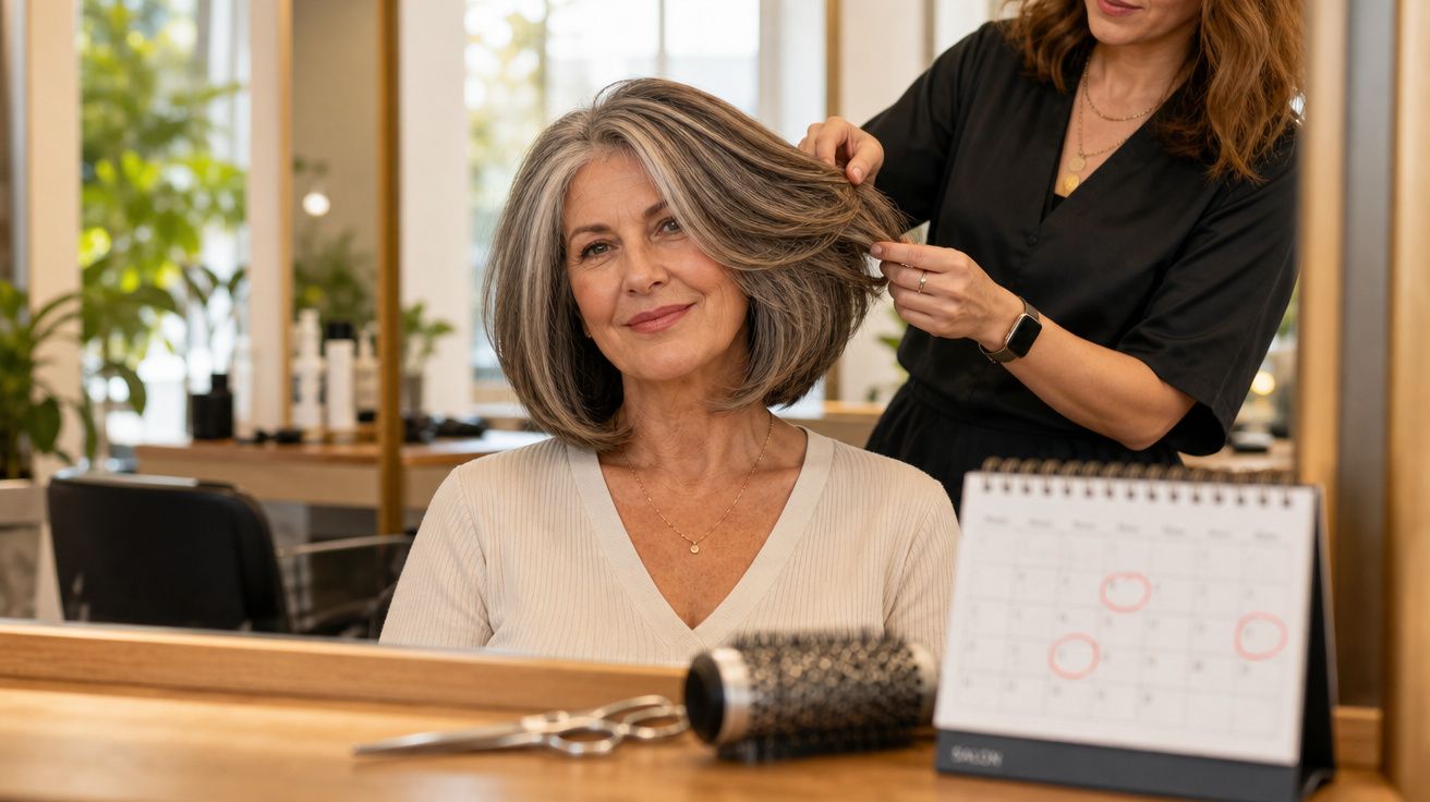 Mulher com cabelo grisalho médio sendo penteada numa cadeira de cabeleireiro com espelho e calendar.