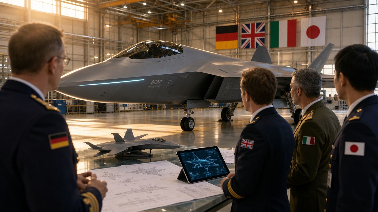 Quatro militares observam um caça futurista em hangar, com bandeiras da Alemanha, Reino Unido, Itália e Japão ao fundo.