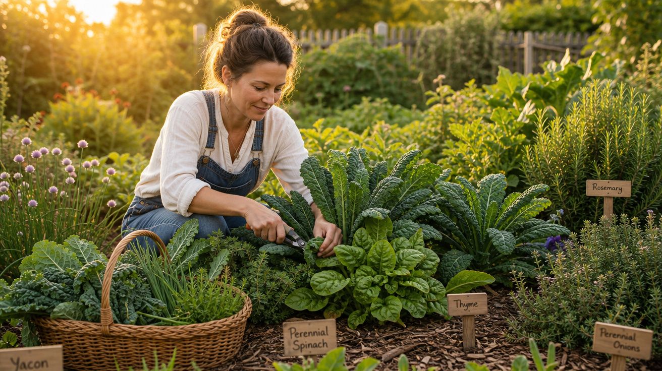 Mulher a colher verduras em jardim de ervas aromáticas ao entardecer com cesta de legumes ao lado.