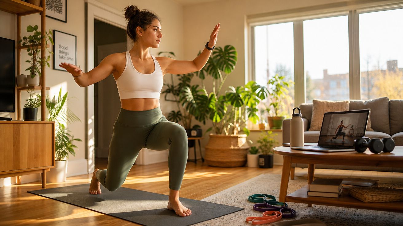 Mulher a fazer exercício de ioga em casa, seguindo uma aula online num portátil na sala iluminada.