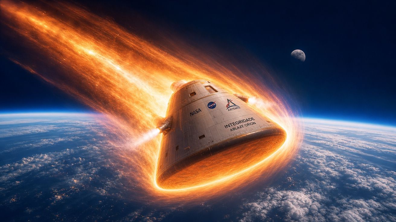 Nave Orion reentrá na atmosfera terrestre com escudo térmico incandescente e planeta Terra ao fundo.