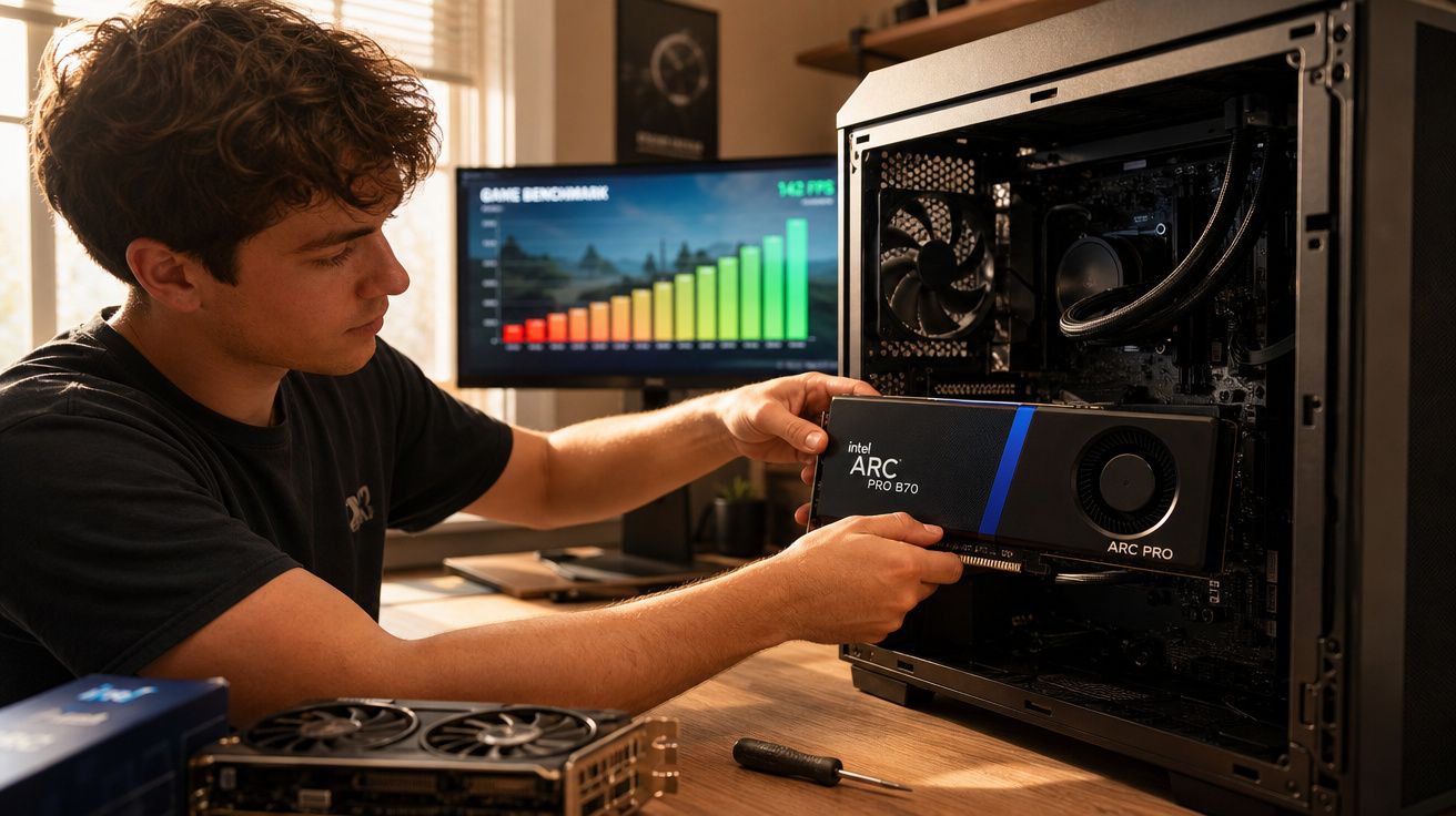 Jovem instalando placa gráfica Intel ARC Pro B870 num computador de secretária com monitor a mostrar gráfico de desempenho.