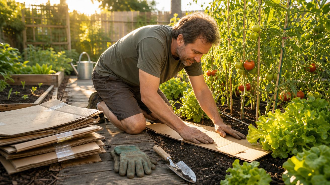 Homem ajoelhado a colocar cartão no solo numa horta com tomates e alfaces ao entardecer.