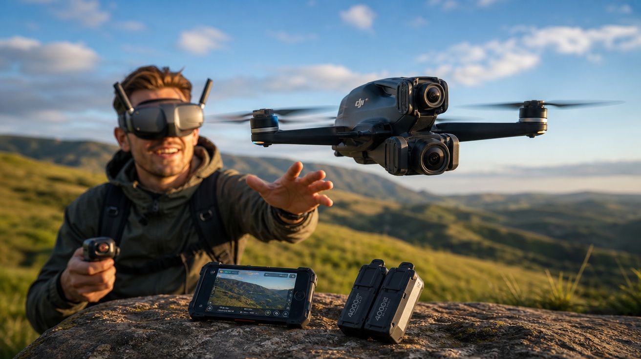 Homem a controlar drone preto em voo com óculos de realidade virtual, em paisagem montanhosa ao pôr do sol.