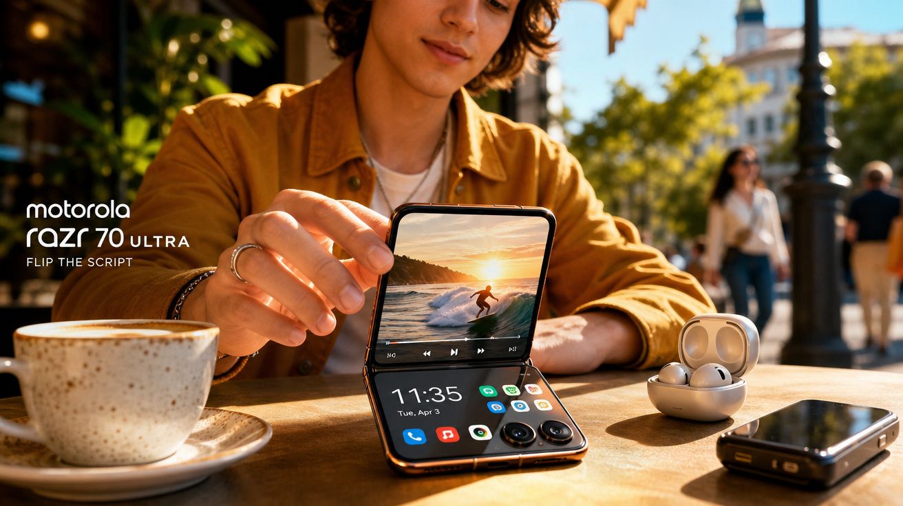 Pessoa sentada numa esplanada a mostrar smartphone Motorola Razr 70 Ultra dobrável, com auscultadores wireless e café na mesa