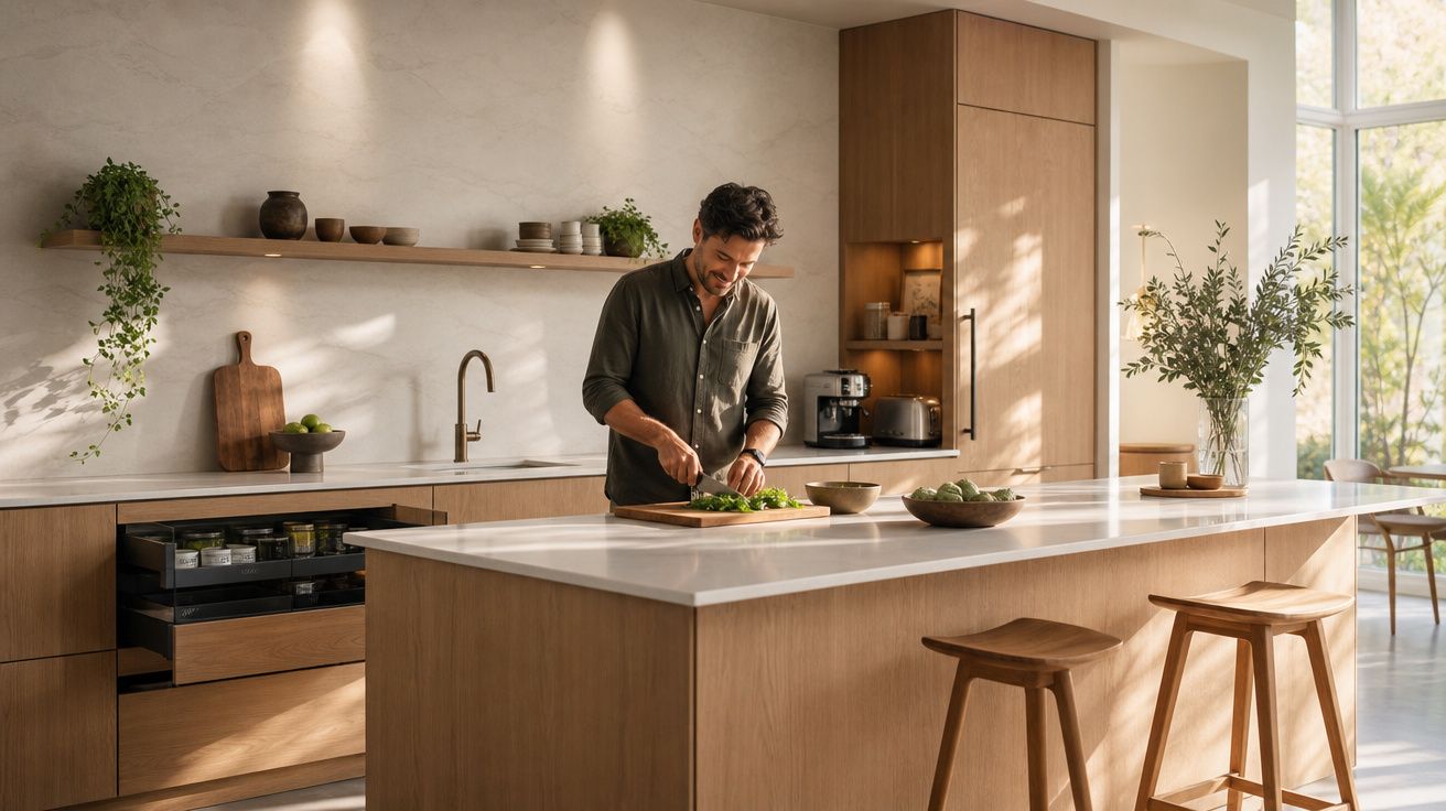 Homem a preparar salada numa cozinha moderna com madeira clara e luz natural abundante.