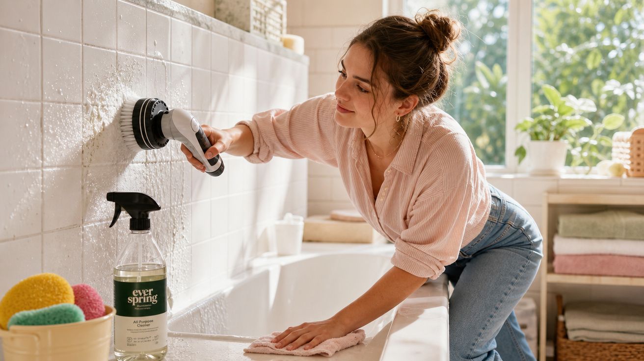 Mulher a limpar azulejos da casa de banho com escova elétrica e produto de limpeza Ever Spring.