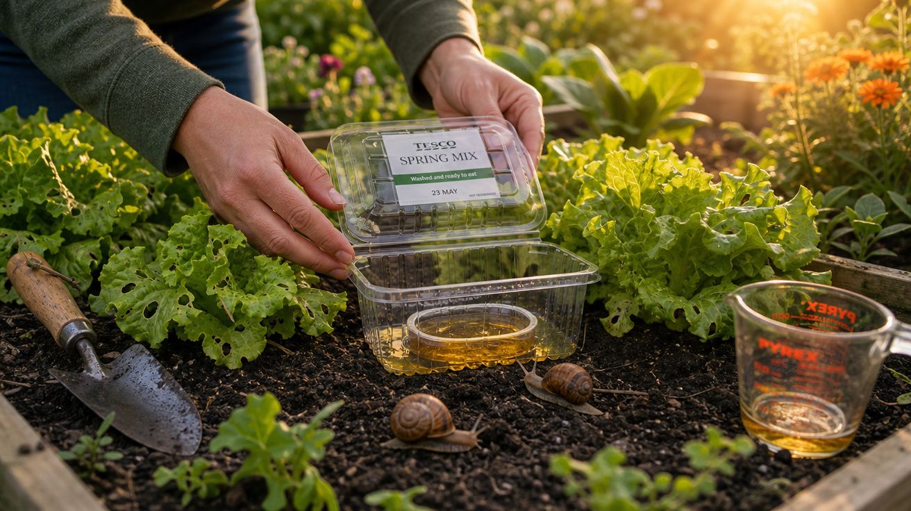 Mãos a colocar recipiente com caracóis numa horta com alfaces e regador ao pôr do sol.