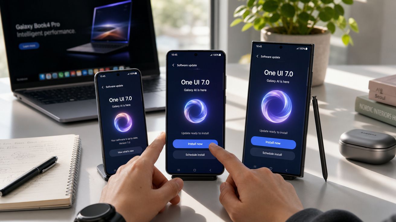 Mesa com três smartphones Galaxy a mostrar atualização One UI 7.0 e computador portátil ao fundo.