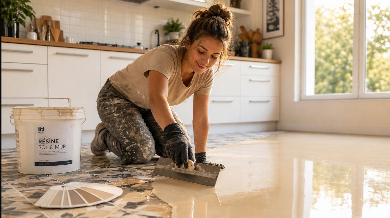 Mulher a aplicar resina num chão decorativo de azulejos na cozinha, usando luvas e roupa de trabalho.
