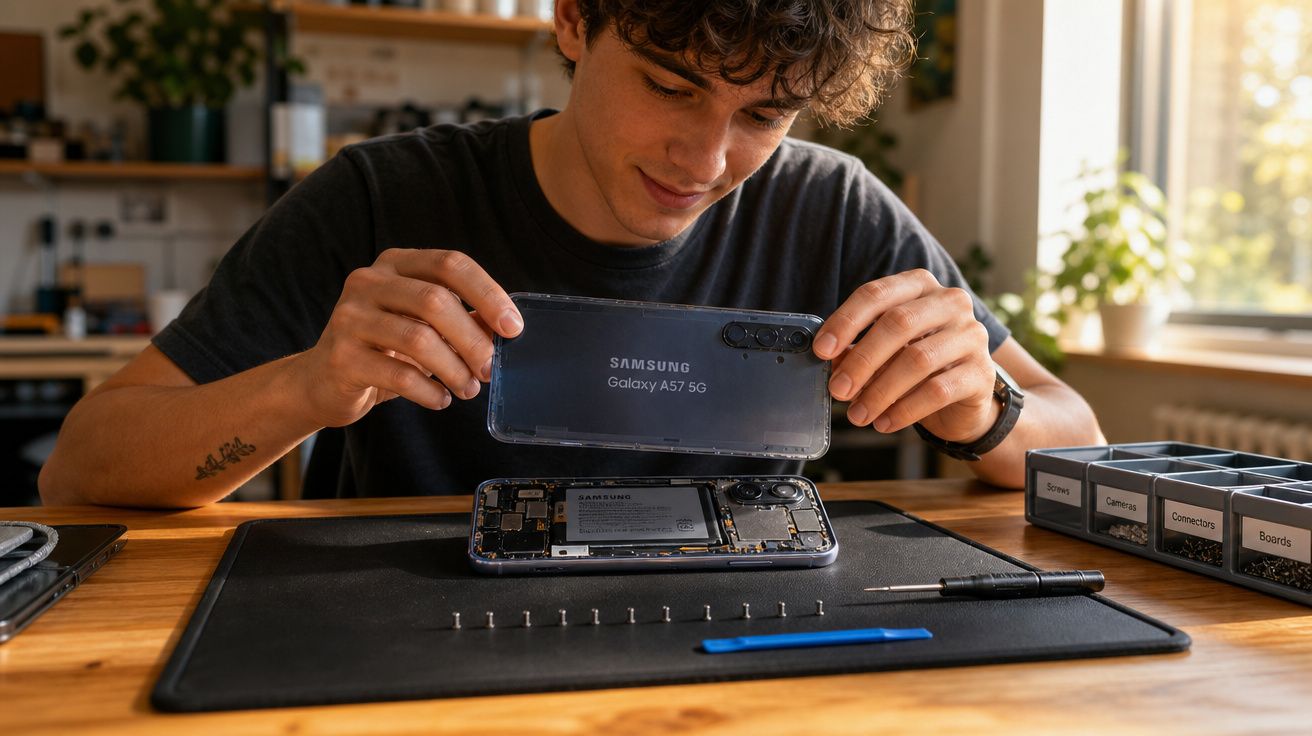 Jovem a abrir a tampa traseira de um Samsung Galaxy A57 5G para reparar o telemóvel numa mesa organizada.