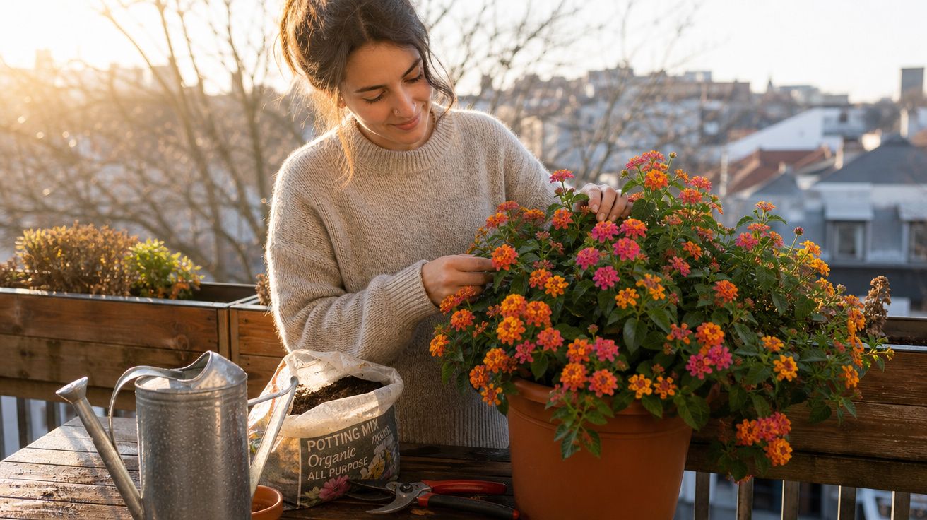 Mulher a cuidar de flores coloridas num vaso grande ao ar livre numa varanda ao entardecer.