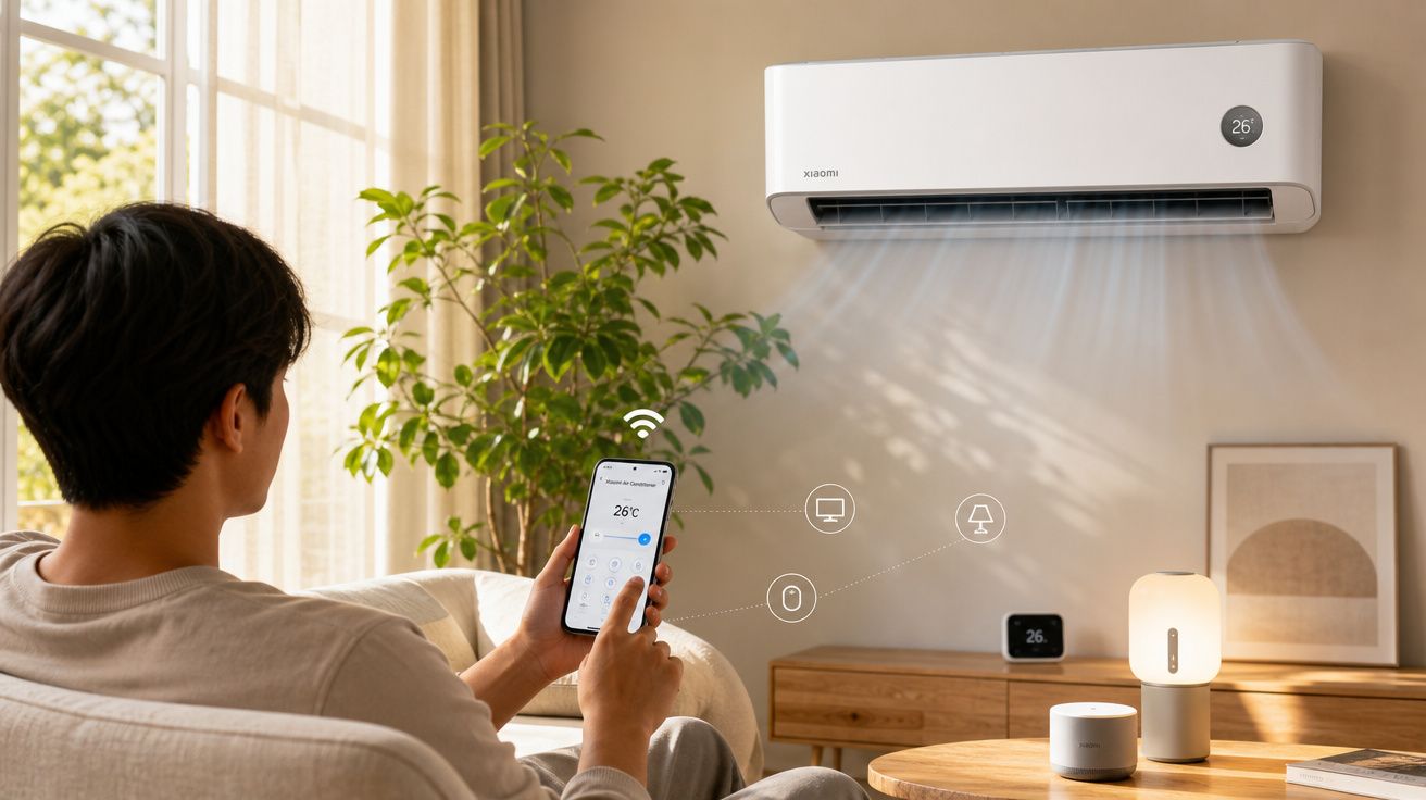Homem a controlar ar condicionado Xiaomi com smartphone, ambiente moderno e luminoso numa sala.