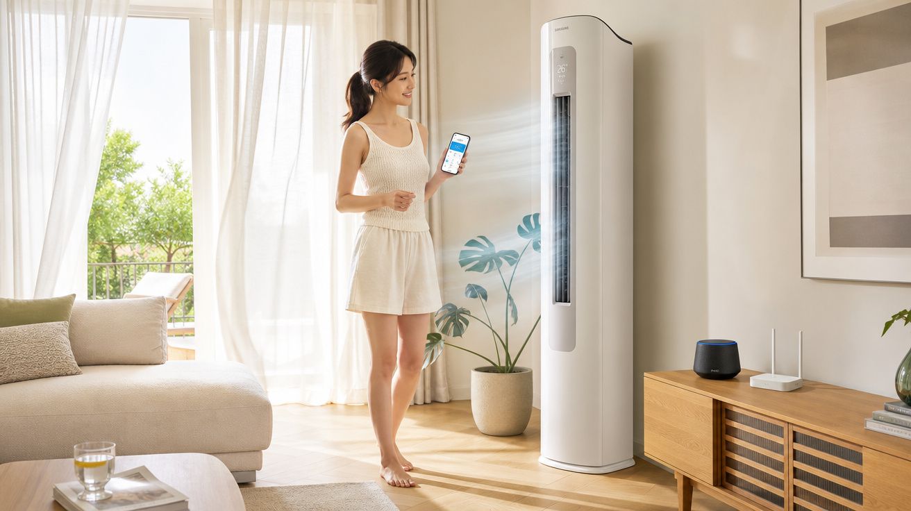 Mulher controla ar condicionado vertical com smartphone numa sala iluminada e arejada.