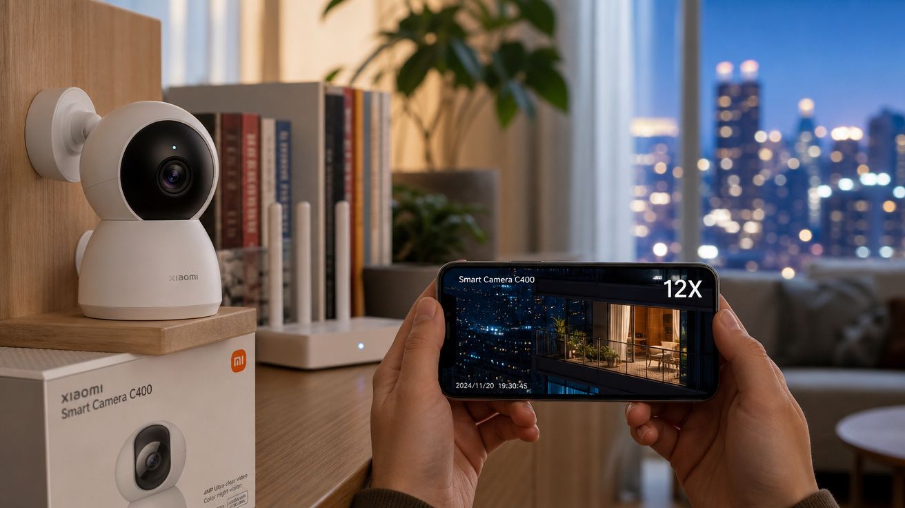 Câmara Xiaomi Smart Camera C400 montada e imagem de vídeo a ser vista num smartphone em ambiente urbano noturno.