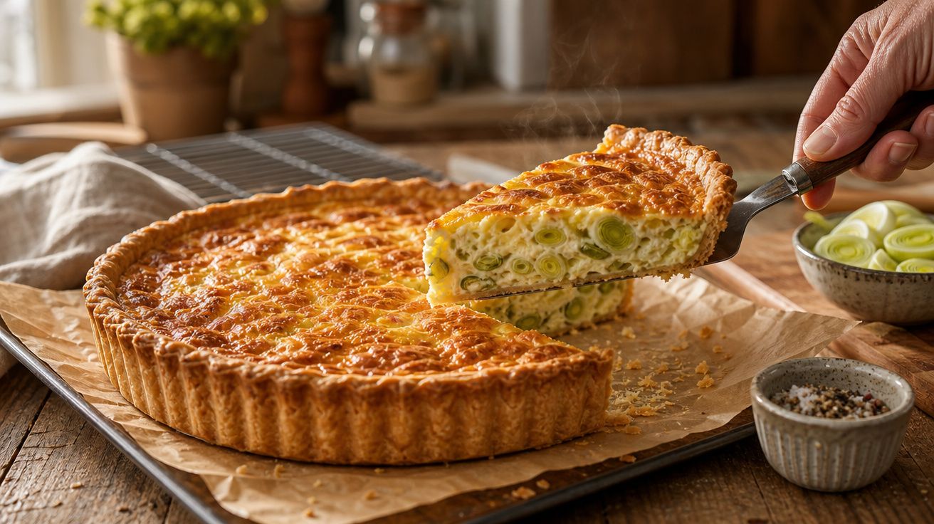 Tarte de alho-francês quente com crosta dourada, uma fatia a ser servida numa espátula.