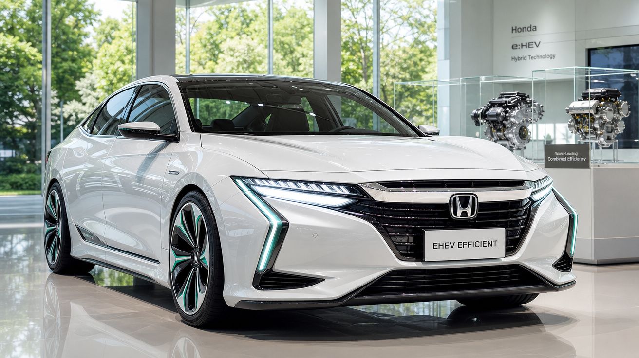 Carro híbrido branco Honda EHEV Efficient exibido em showroom moderno com luz natural.