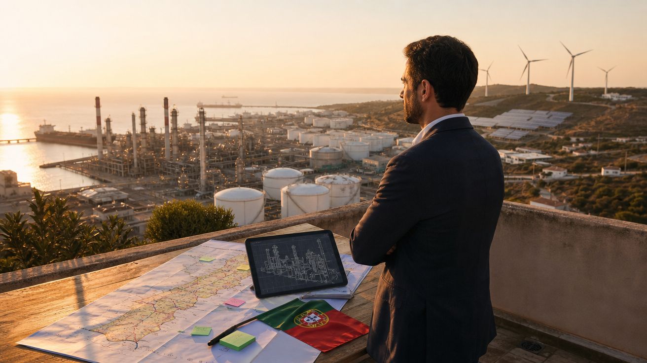 Homem de negócios observa refinaria e parque eólico ao pôr do sol, com planta, mapa e bandeira de Portugal na mesa.