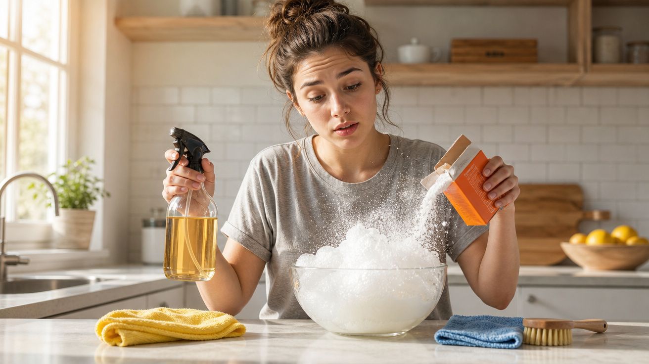 Mulher de cabelo apanhado prepara solução de limpeza com bicarbonato e spray numa cozinha moderna.