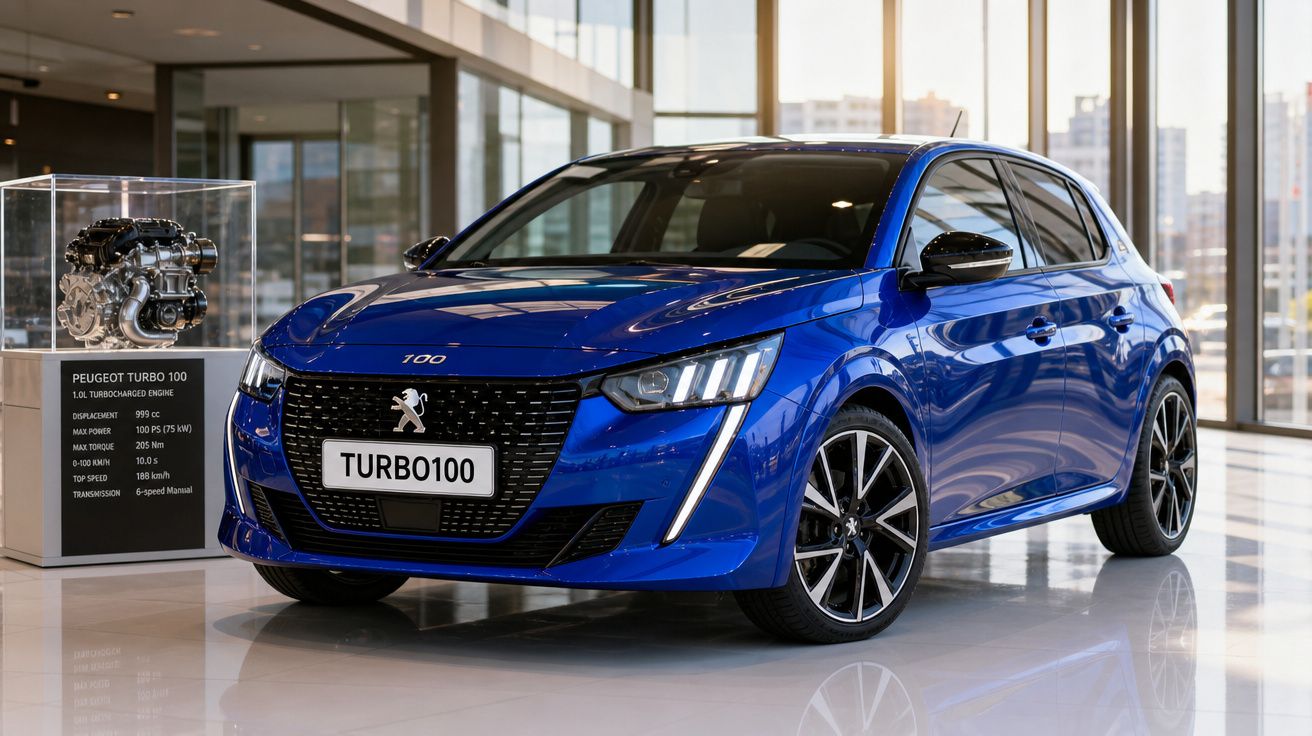 Carro azul Peugeot 208 Turbo 100 exposto em showroom moderno com motor em caixa de vidro ao lado.