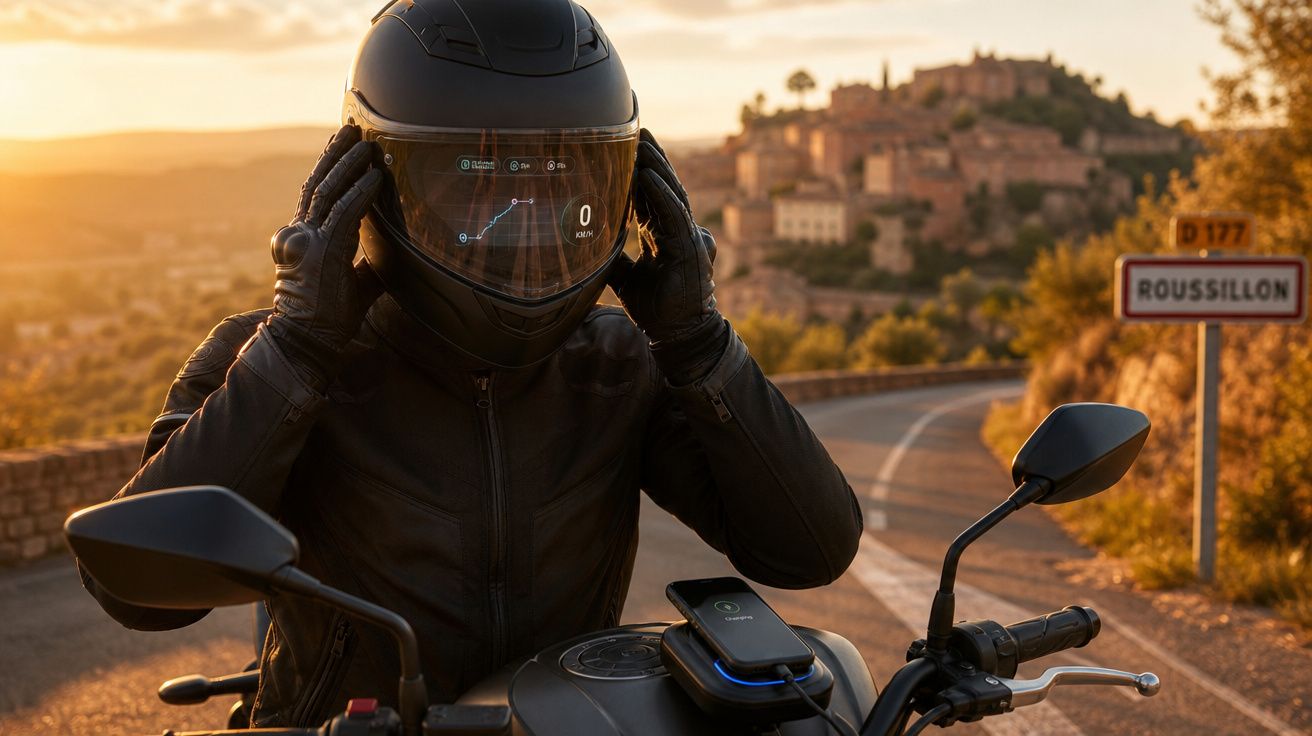Motociclista com capacete tecnológico numa estrada ao pôr do sol perto da placa Roussillon.