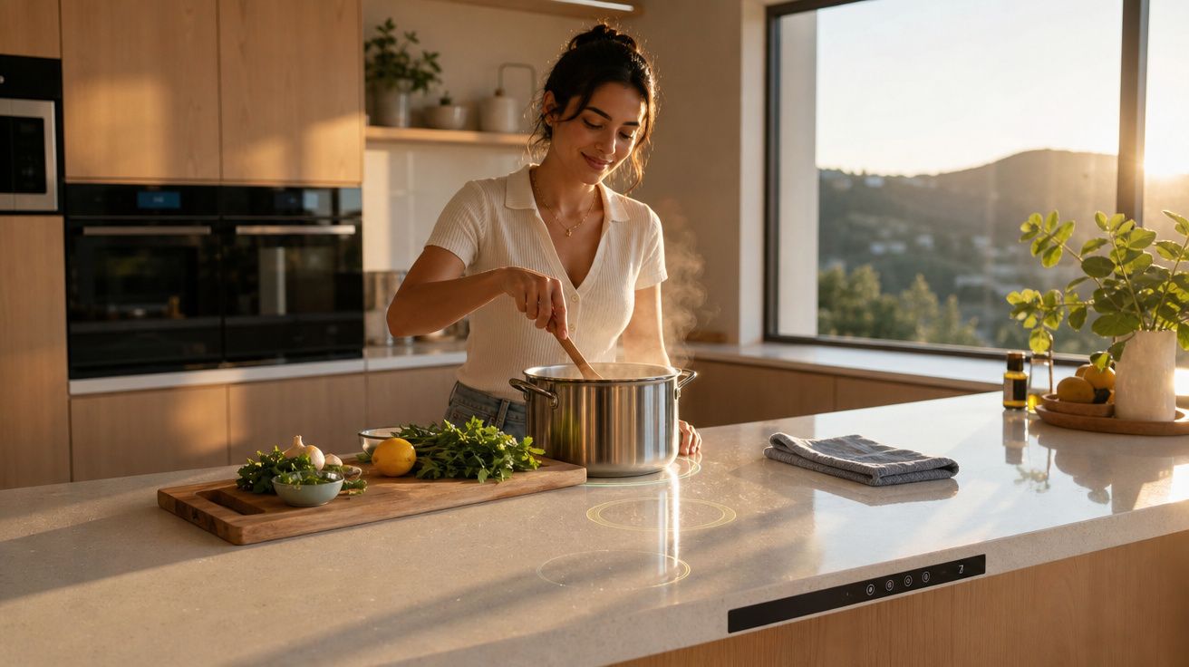 Mulher a cozinhar numa cozinha moderna com legumes e limão sobre a bancada iluminada pela luz do sol.