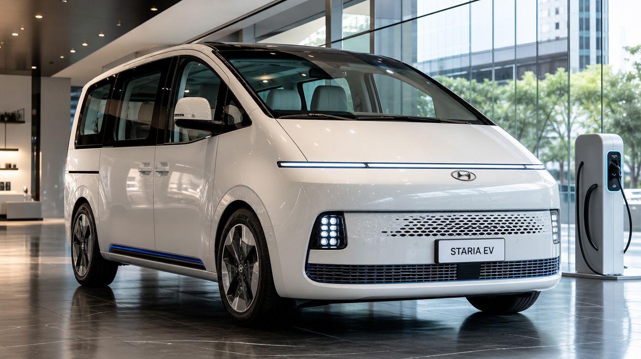 Van elétrica Hyundai Staria EV branca estacionada num showroom moderno com parede de vidro.