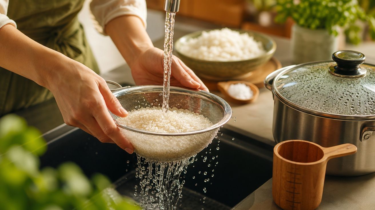 Pessoa a lavar arroz num passador sob água corrente numa cozinha moderna.